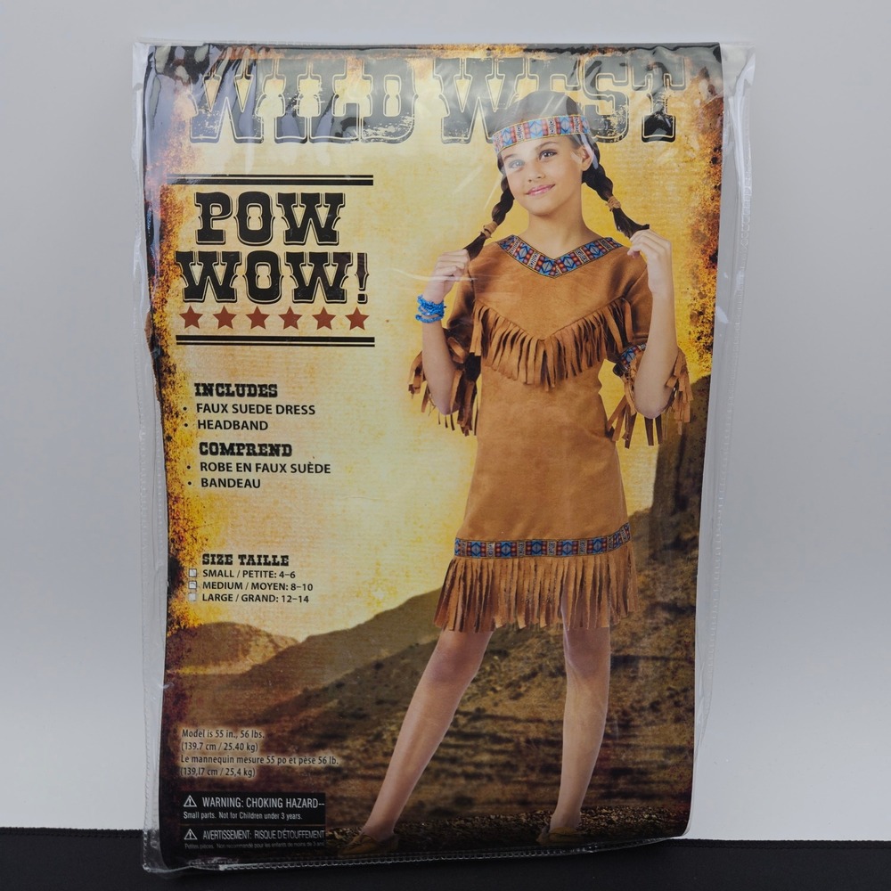 Fun World Wild West Pow Wow Girls Costume Faux Suede Dress Headband Medium 8-10